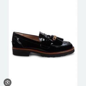 Stuart Weitzman Black Patent Loafers with Gold Accent Manila loafer